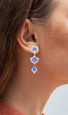 Tanzanite Dangle Earrings White Topaz 9.55 Carats Sterling Silver
