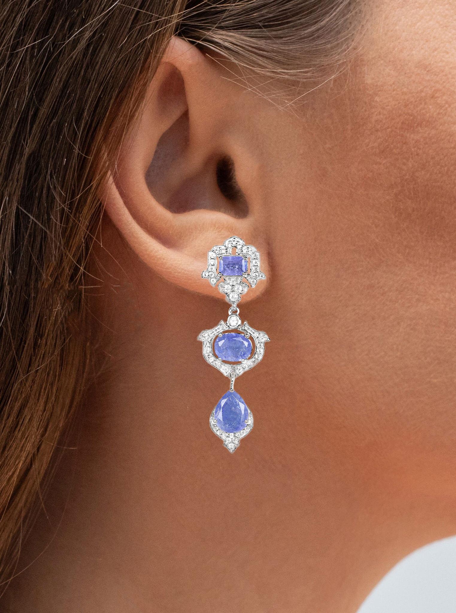 Tansanit-Baumel-Ohrringe Weißer Topas 9,55 Karat Sterling Silber (Cabochon) im Angebot