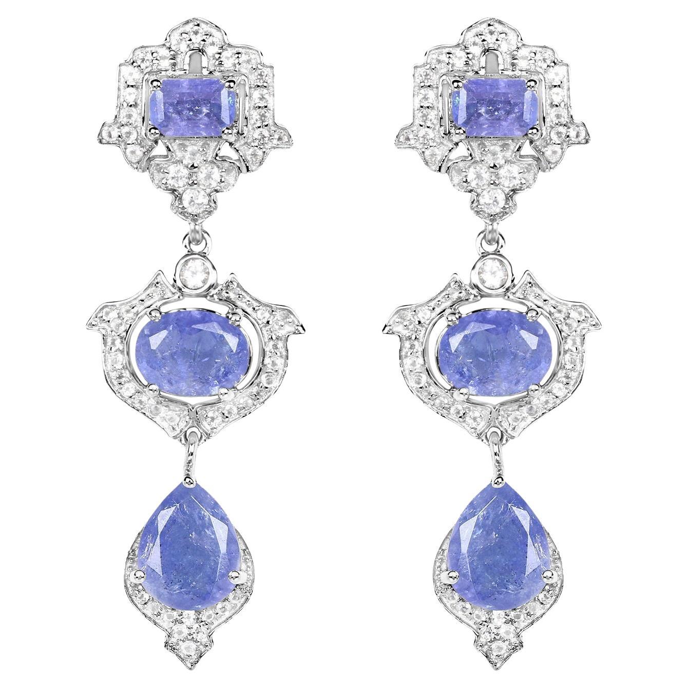 Tanzanite Dangle Earrings White Topaz 9.55 Carats Sterling Silver
