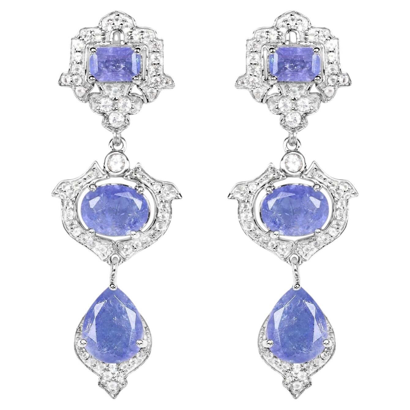 Tanzanite Dangle Earrings White Topaz 9.55 Carats Sterling Silver For Sale