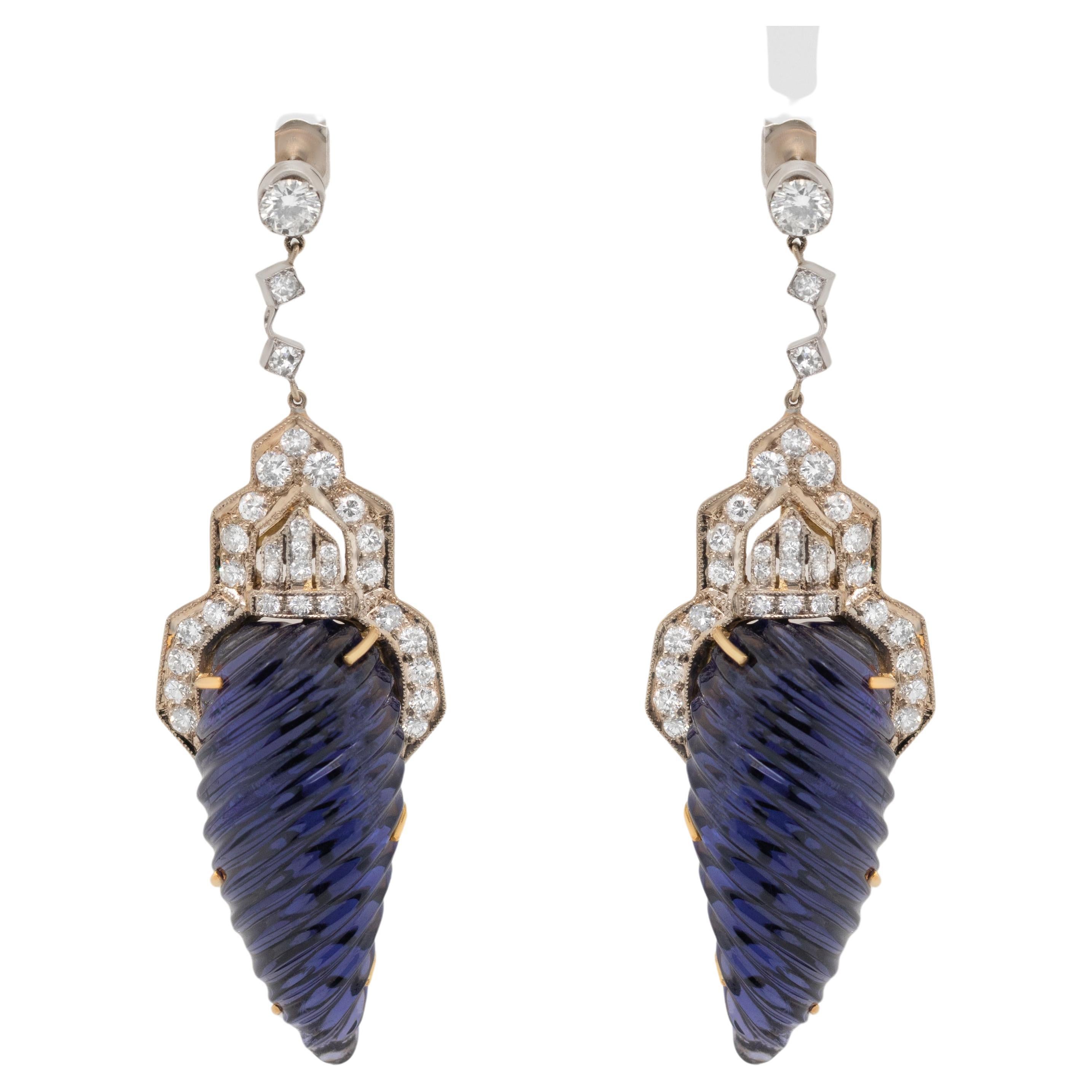 Tanzanite Dangle Earrings With Diamonds 29.80 Carats Silver Topped 18K Yellow Go For Sale
