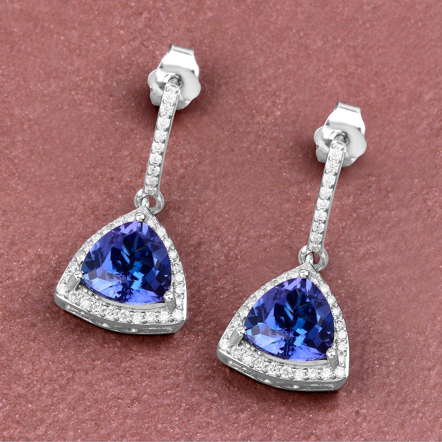 Trillion Cut Tanzanite Dangle Earrings With Diamonds 3.86 Carats 14K White Gold For Sale
