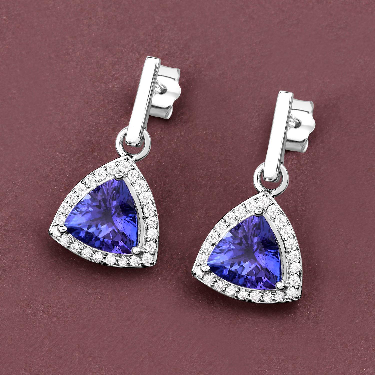 Trillion Cut Tanzanite Dangle Earrings With Diamonds 3.86 Carats 14K White Gold For Sale