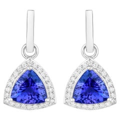 Pendants d'oreilles en or blanc 14 carats avec tanzanite et diamants de 3,86 carats