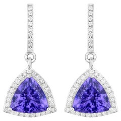 Pendants d'oreilles en or blanc 14 carats avec tanzanite et diamants de 3,86 carats