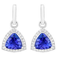 Tanzanite Dangle Earrings With Diamonds 3.86 Carats 14K White Gold