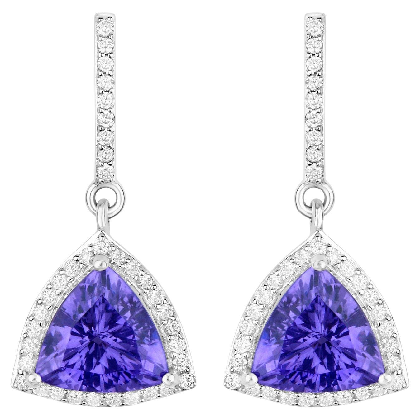 Tanzanite Dangle Earrings With Diamonds 3.86 Carats 14K White Gold For Sale