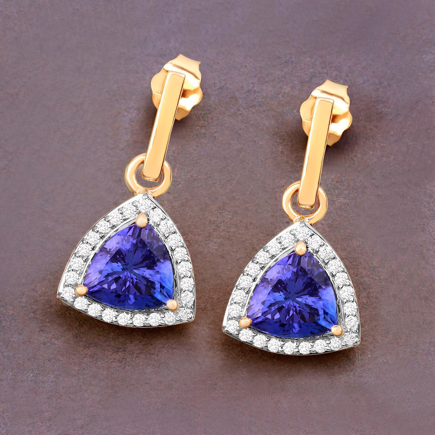 Trillion Cut Tanzanite Dangle Earrings With Diamonds 3.86 Carats 14K Yellow Gold For Sale