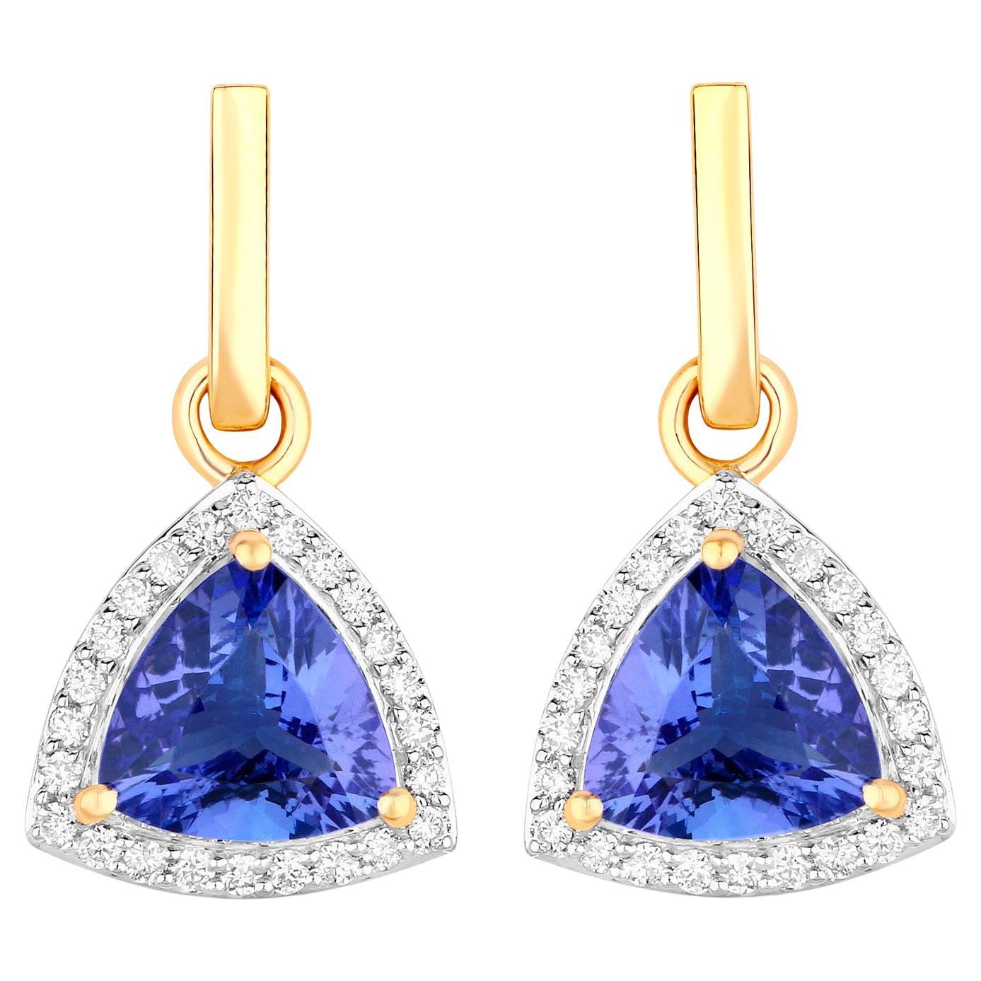 Tanzanite Dangle Earrings With Diamonds 3.86 Carats 14K Yellow Gold For Sale