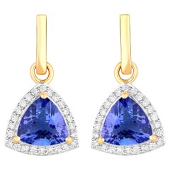 Tanzanite Dangle Earrings With Diamonds 3.86 Carats 14K Yellow Gold