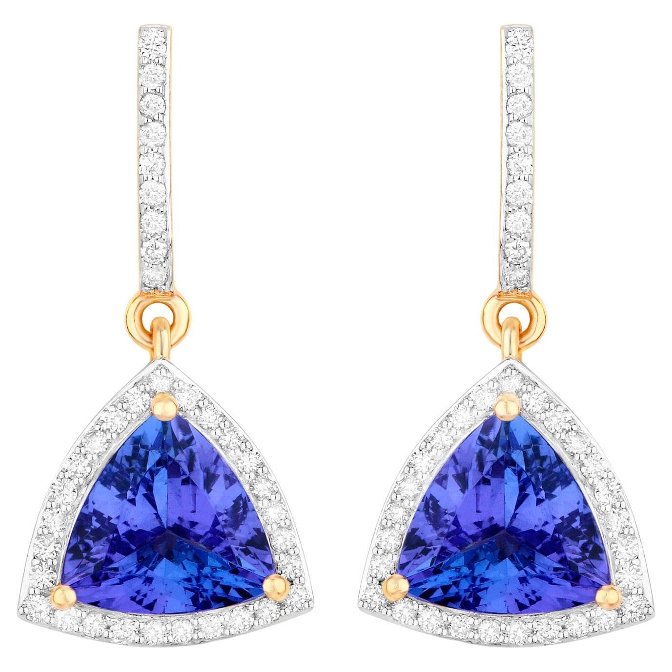 Pendants d'oreilles en or jaune 14 carats avec tanzanite et diamants de 3,86 carats