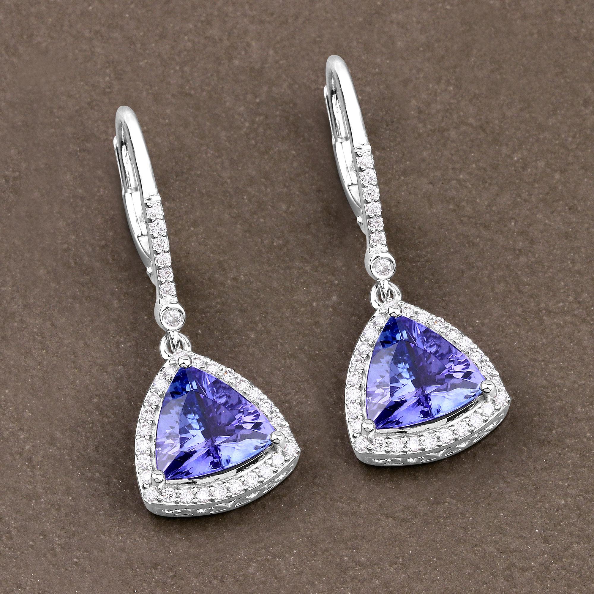 Trillion Cut Tanzanite Dangle Earrings With Diamonds 4.61 Carats 14K White Gold For Sale