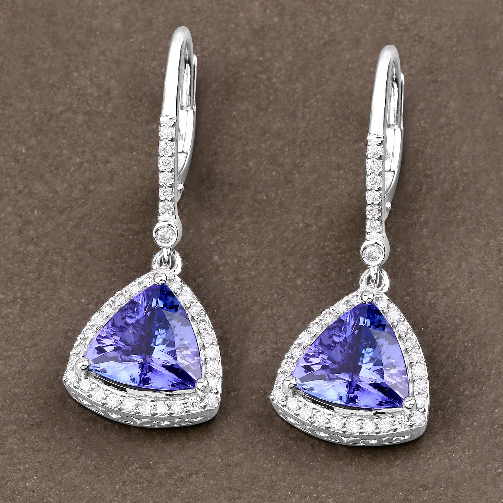 Tanzanite Dangle Earrings With Diamonds 4.61 Carats 14K White Gold In Excellent Condition For Sale In Laguna Niguel, CA