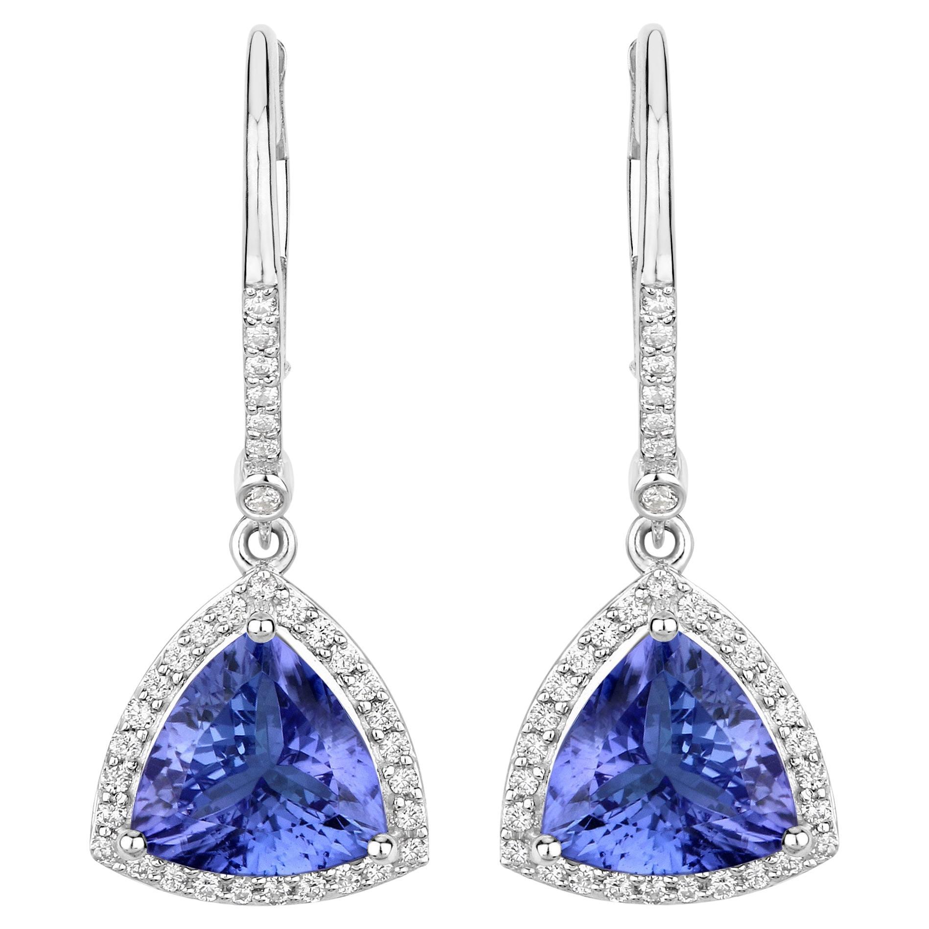 Tanzanite Dangle Earrings With Diamonds 4.61 Carats 14K White Gold For Sale