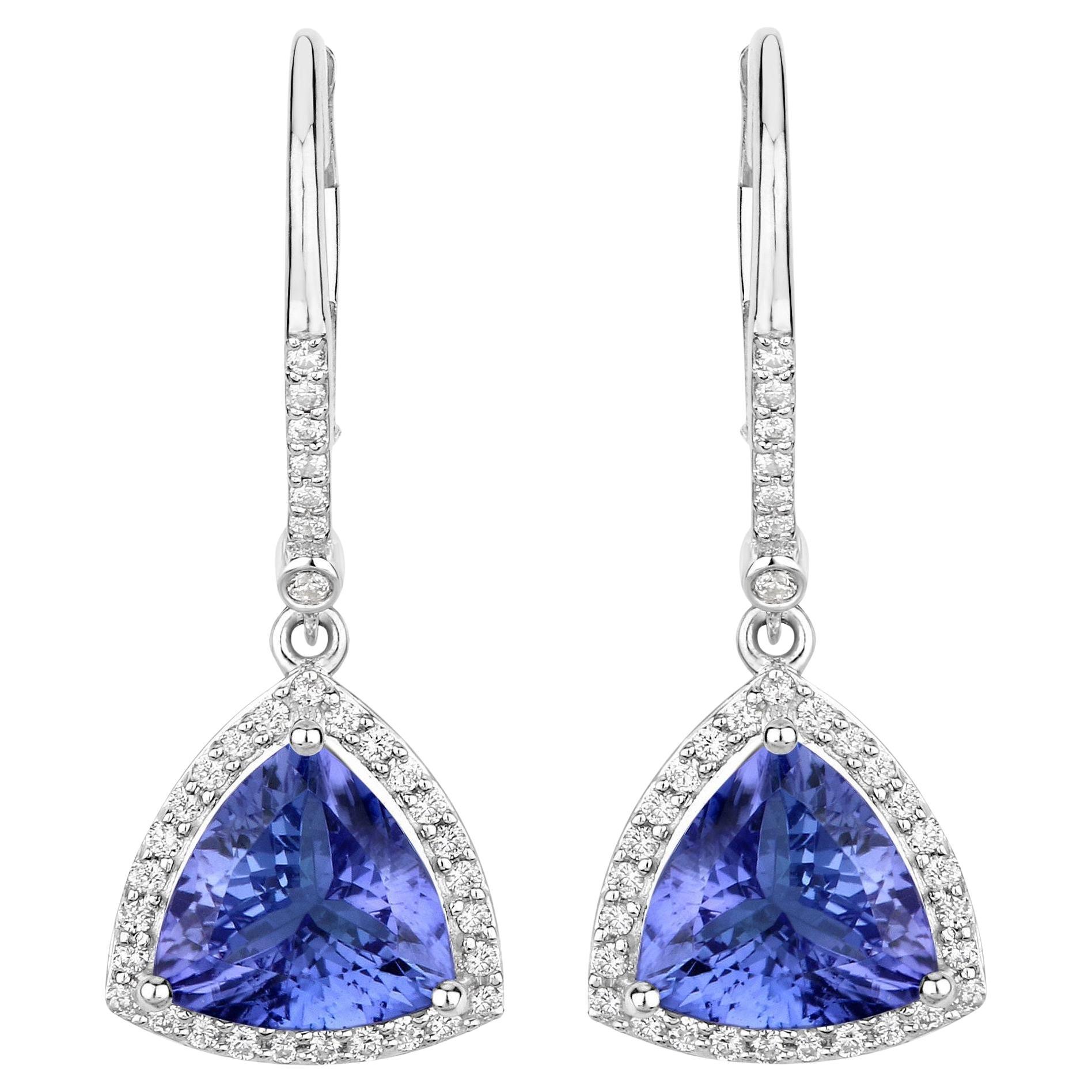 Tanzanite Dangle Earrings With Diamonds 4.61 Carats 14K White Gold For Sale