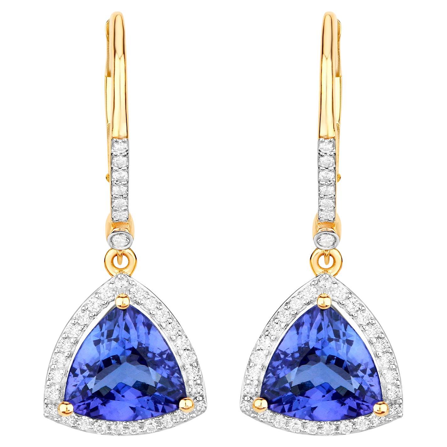 Tanzanite Dangle Earrings With Diamonds 4.61 Carats 14K Yellow Gold For Sale