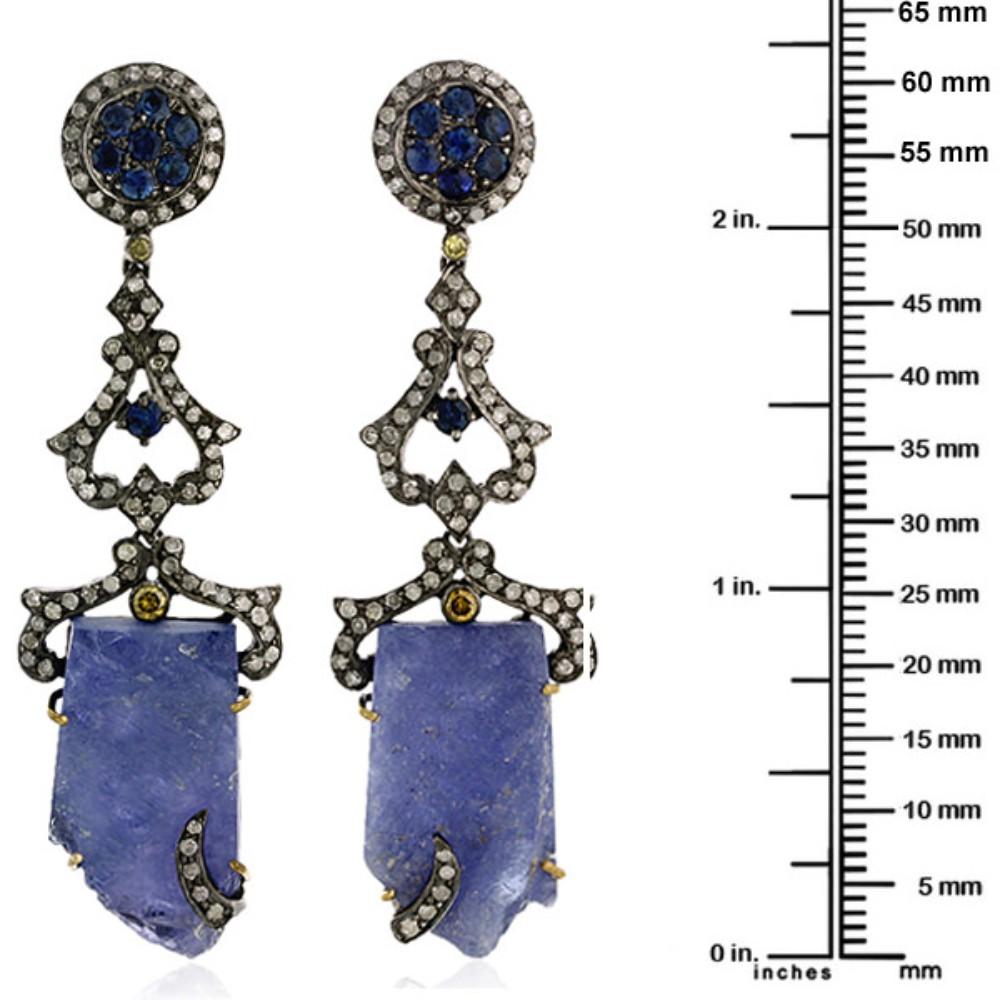 Rough Tanzanite Earrings With Sapphires & Pave Diamonds In 18k Gold & Silver In New Condition For Sale In New York, NY