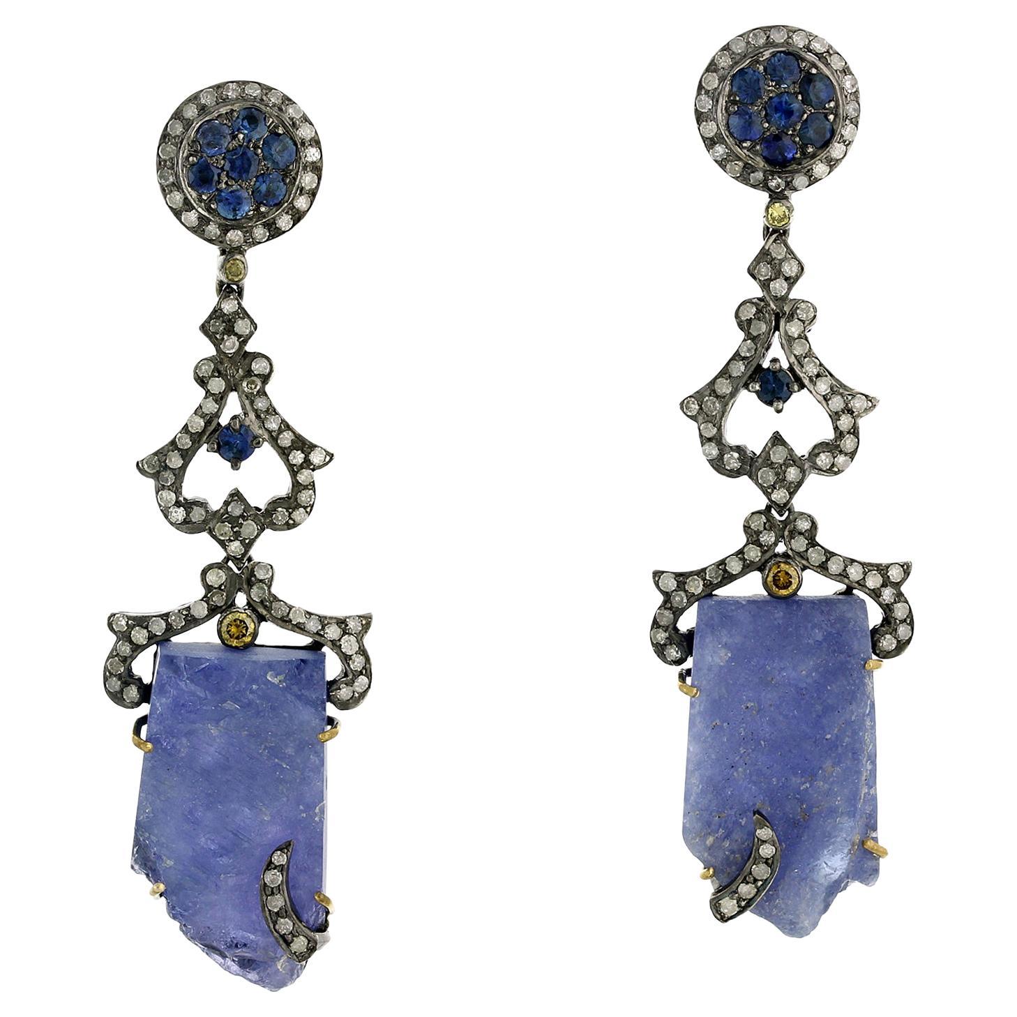 Rough Tanzanite Earrings With Sapphires & Pave Diamonds In 18k Gold & Silver For Sale