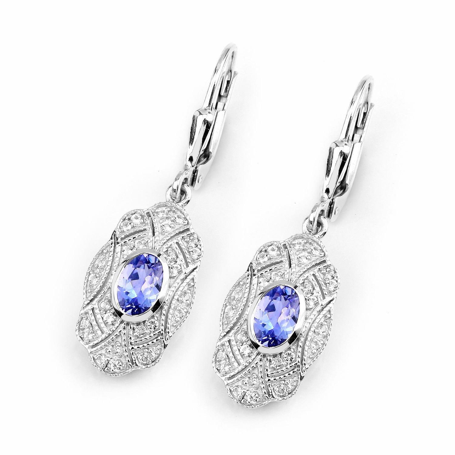 Oval Cut Tanzanite Dangle Earrings With White Topaz 1.16 Carats For Sale