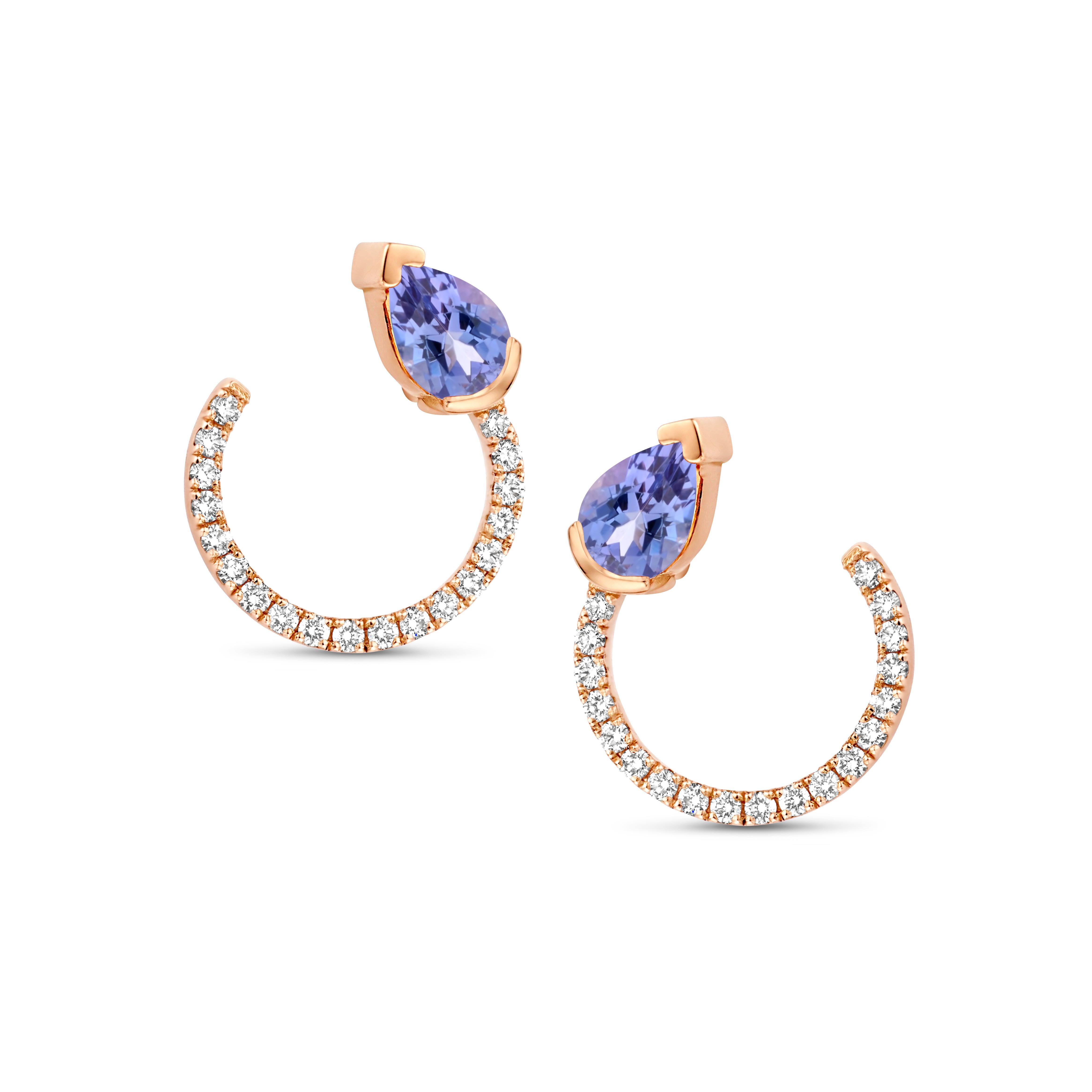 Pear Cut Tanzanite Diamond 0.30 Carat 18 Karat White Gold Curved Earrings For Sale