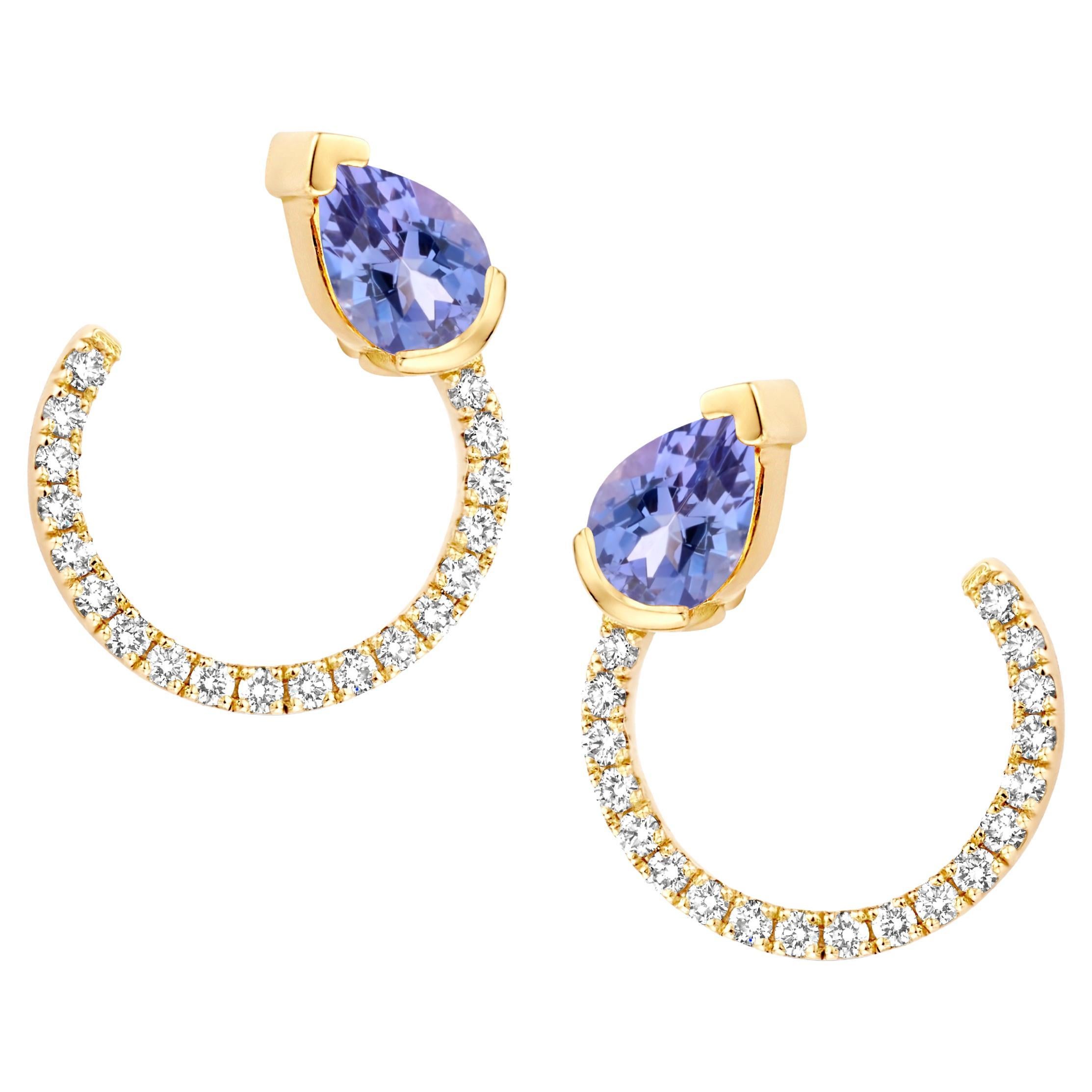 Boucles d'oreilles courbes en or jaune 18 carats avec diamant tanzanite 0,30 carat