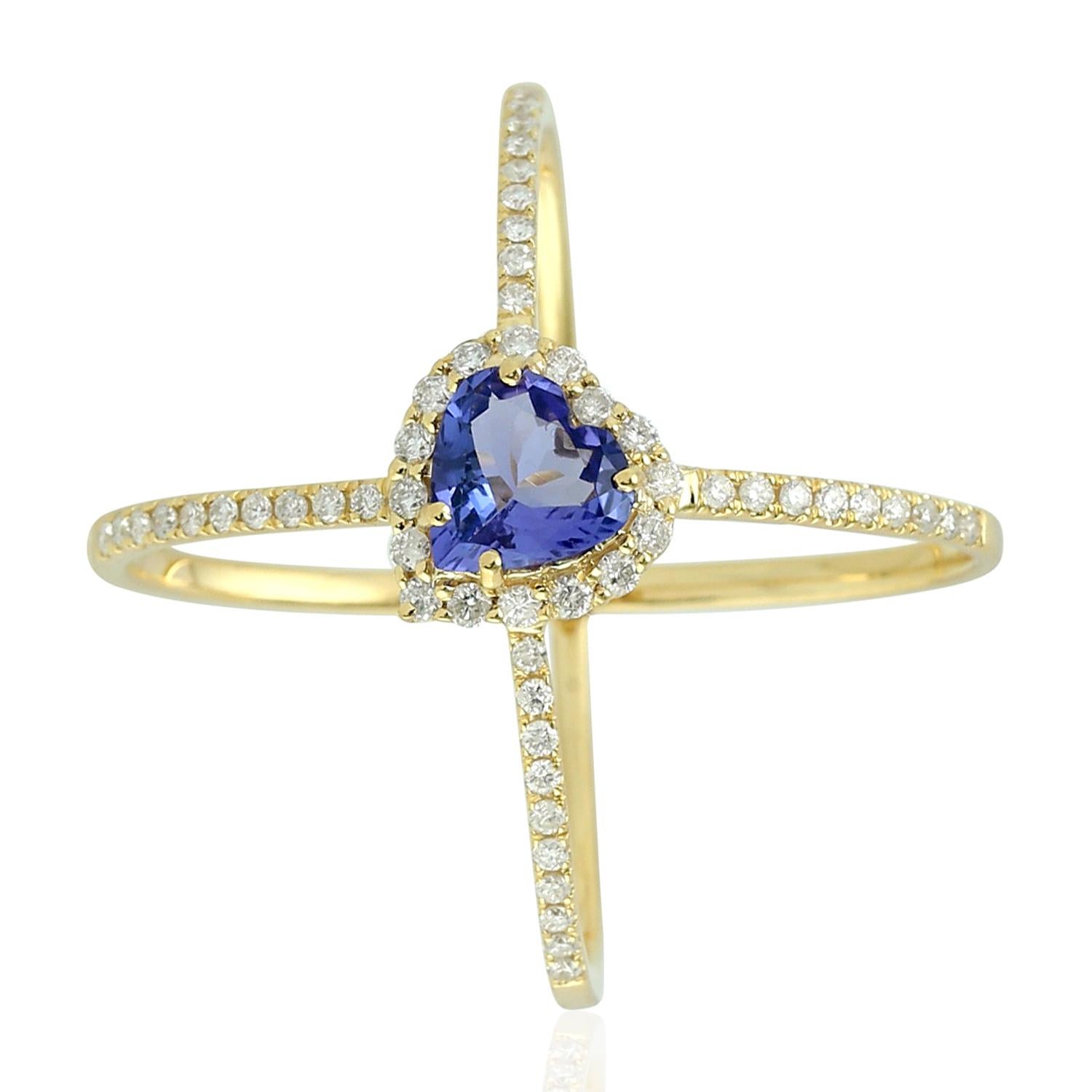 Moderno Anello a X con cuore in oro 14 carati e diamante tanzanite in vendita