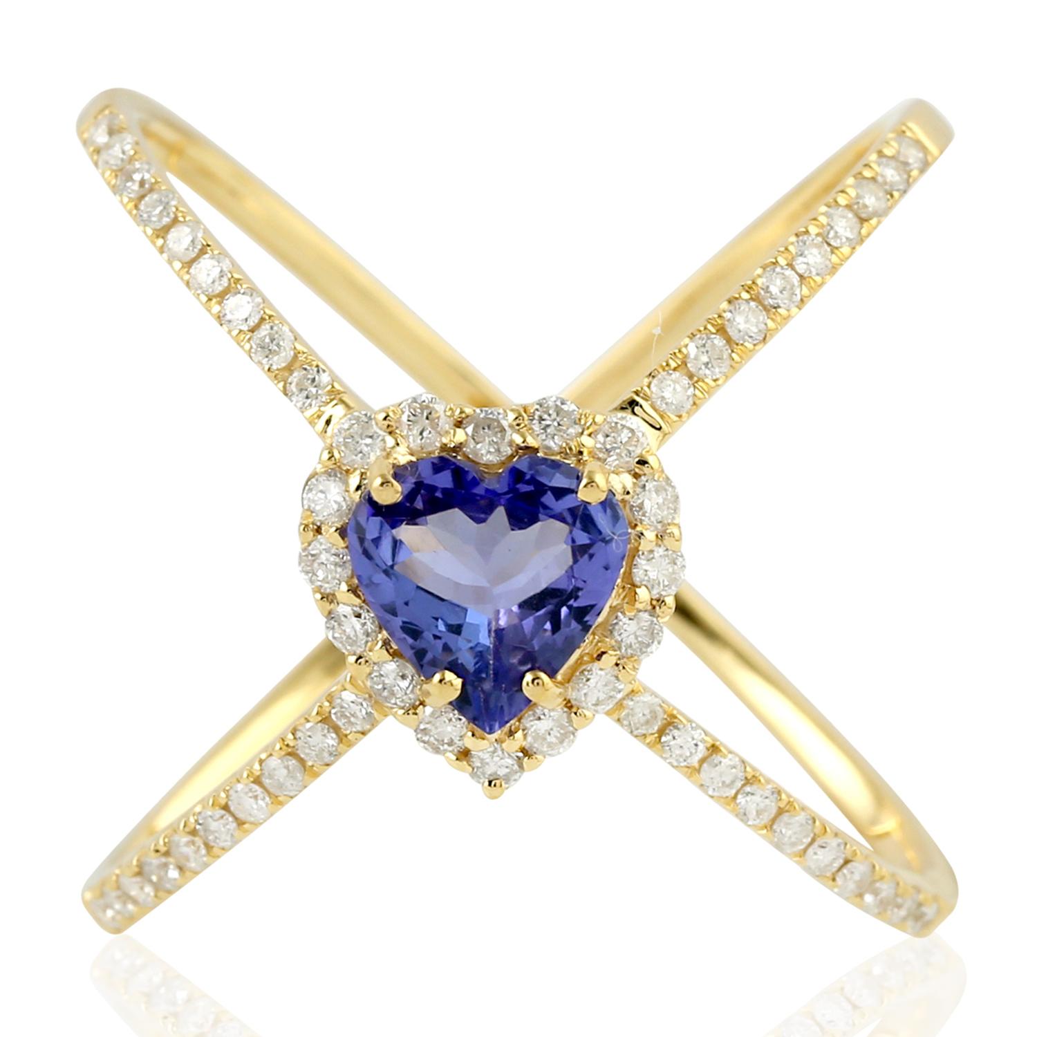 Cuore Anello a X con cuore in oro 14 carati e diamante tanzanite in vendita
