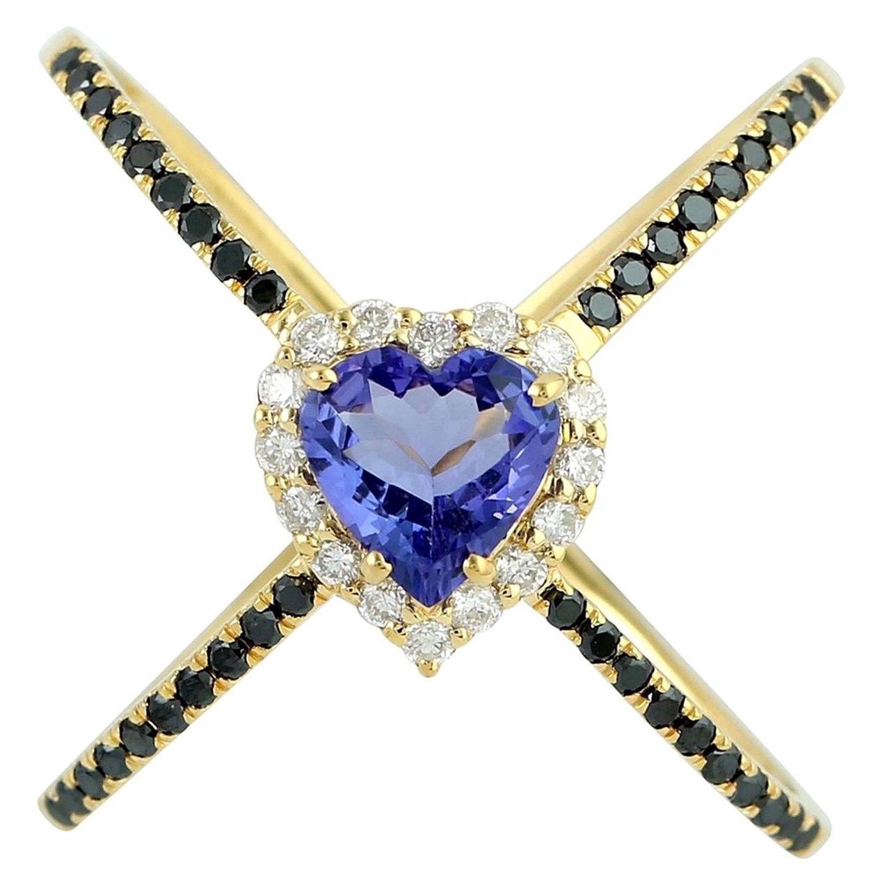 For Sale:  Tanzanite Diamond 18 Karat Gold Heart X Ring
