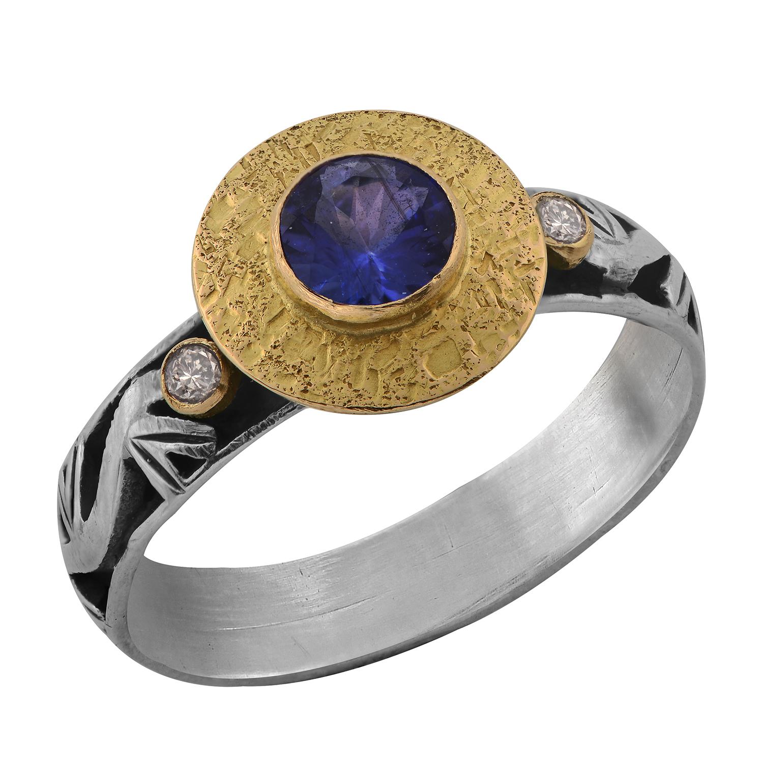 Artisan Tanzanite Diamond 18k Gold Silver Engraved Ring For Sale