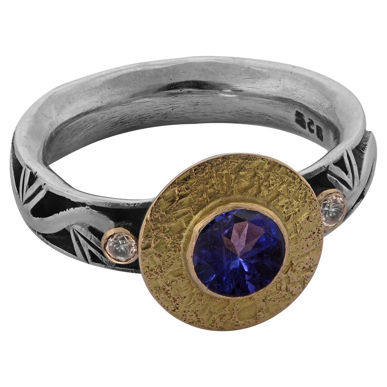 Tansanit Diamant 18k Gold Silber gravierter Ring mit Gravur im Angebot