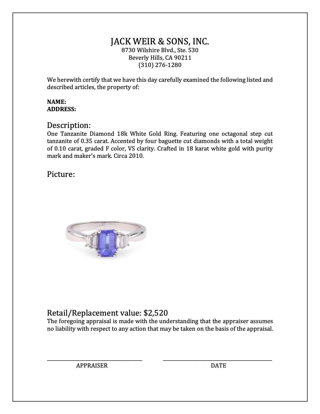 Women's or Men's Tanzanite Diamond 18k White Gold Ring For Sale