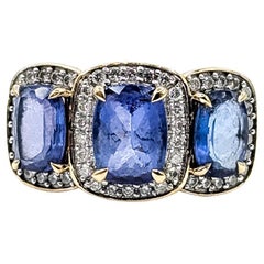Bague à trois pierres en or jaune 14k (Tanzanite et diamant)