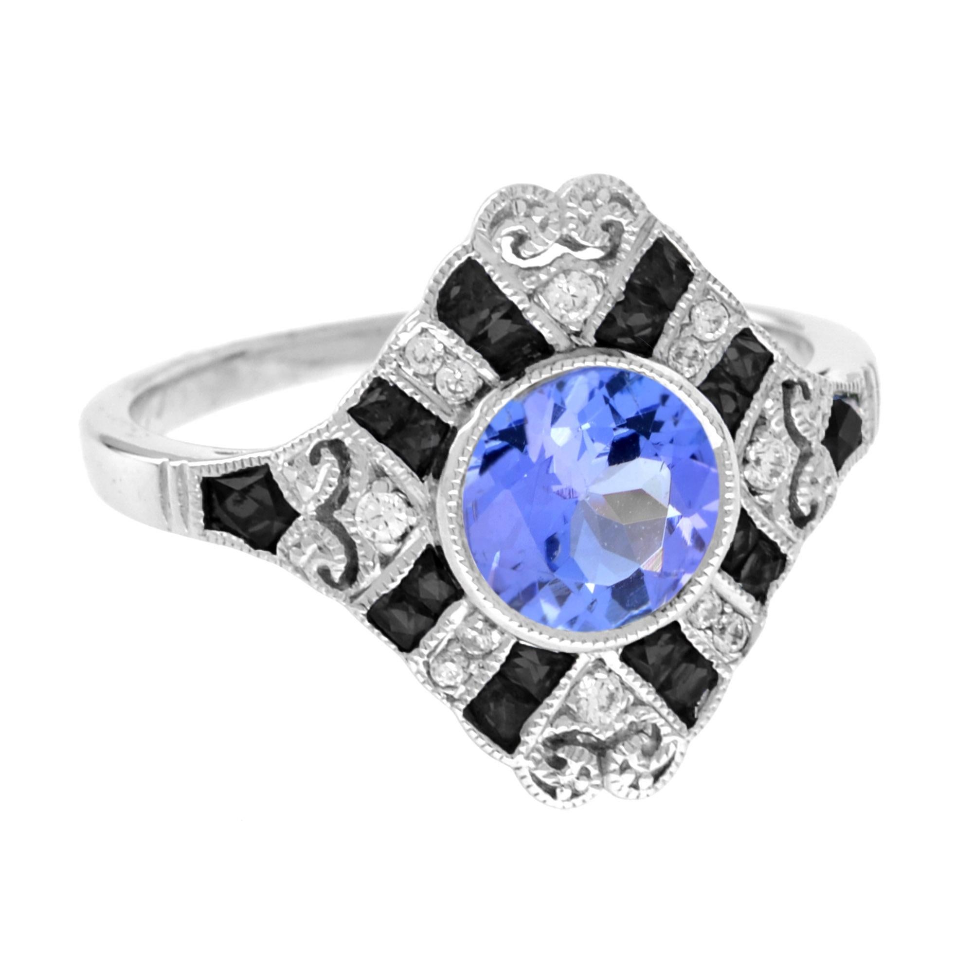 Round Cut Tanzanite Diamond and Onyx Art Deco Style Ring in 18K White Gold For Sale