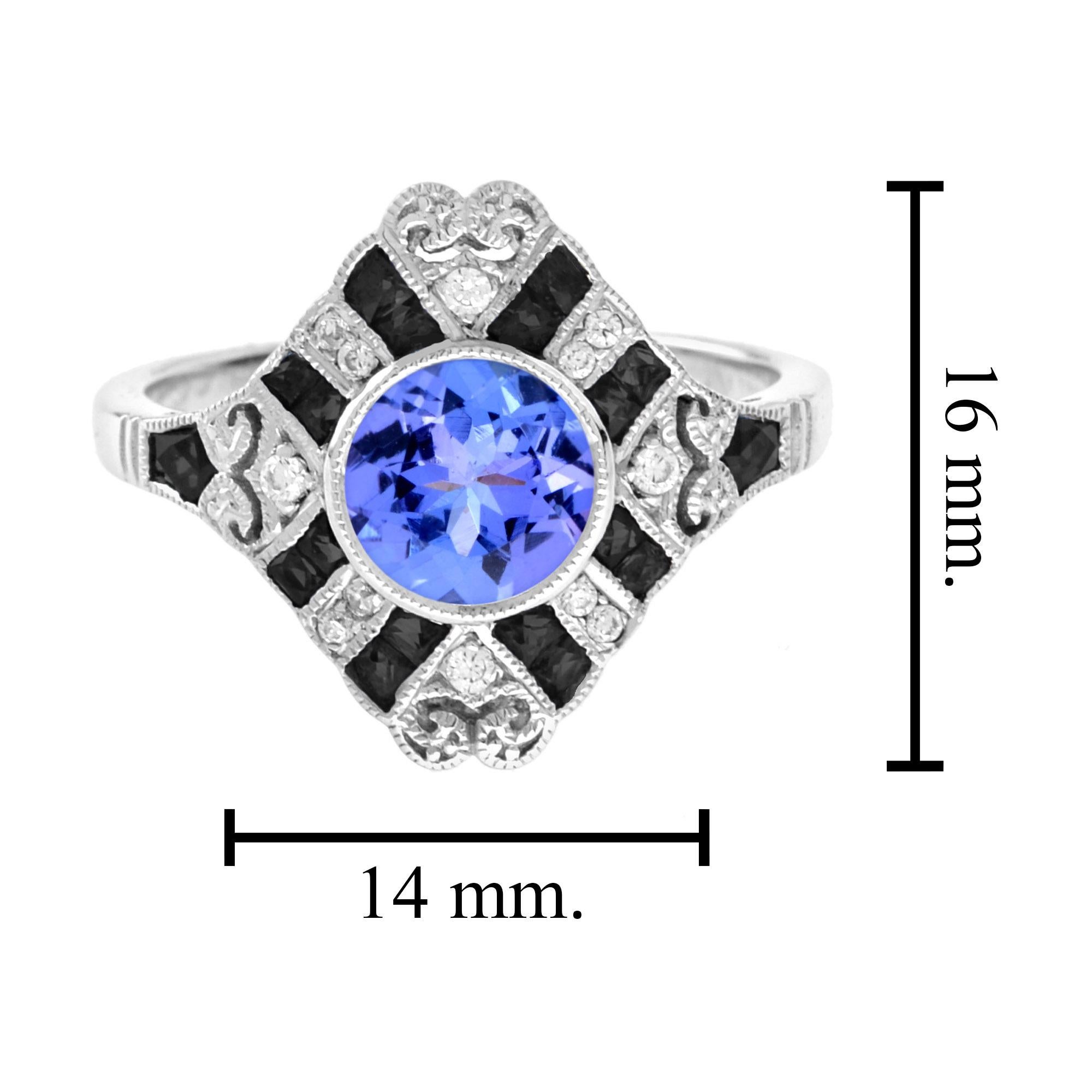 Tanzanite Diamond and Onyx Art Deco Style Ring in 18K White Gold For Sale 2
