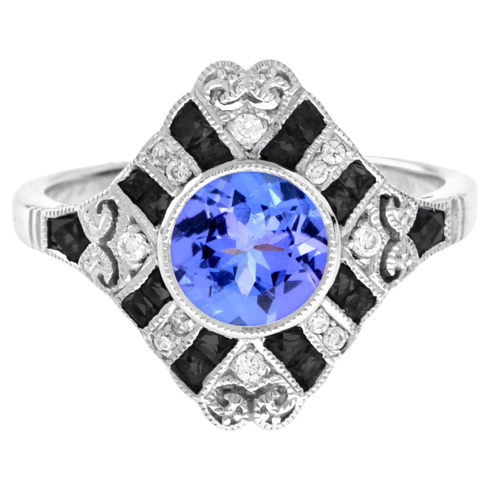 Tanzanite Diamond and Onyx Art Deco Style Ring in 18K White Gold For Sale