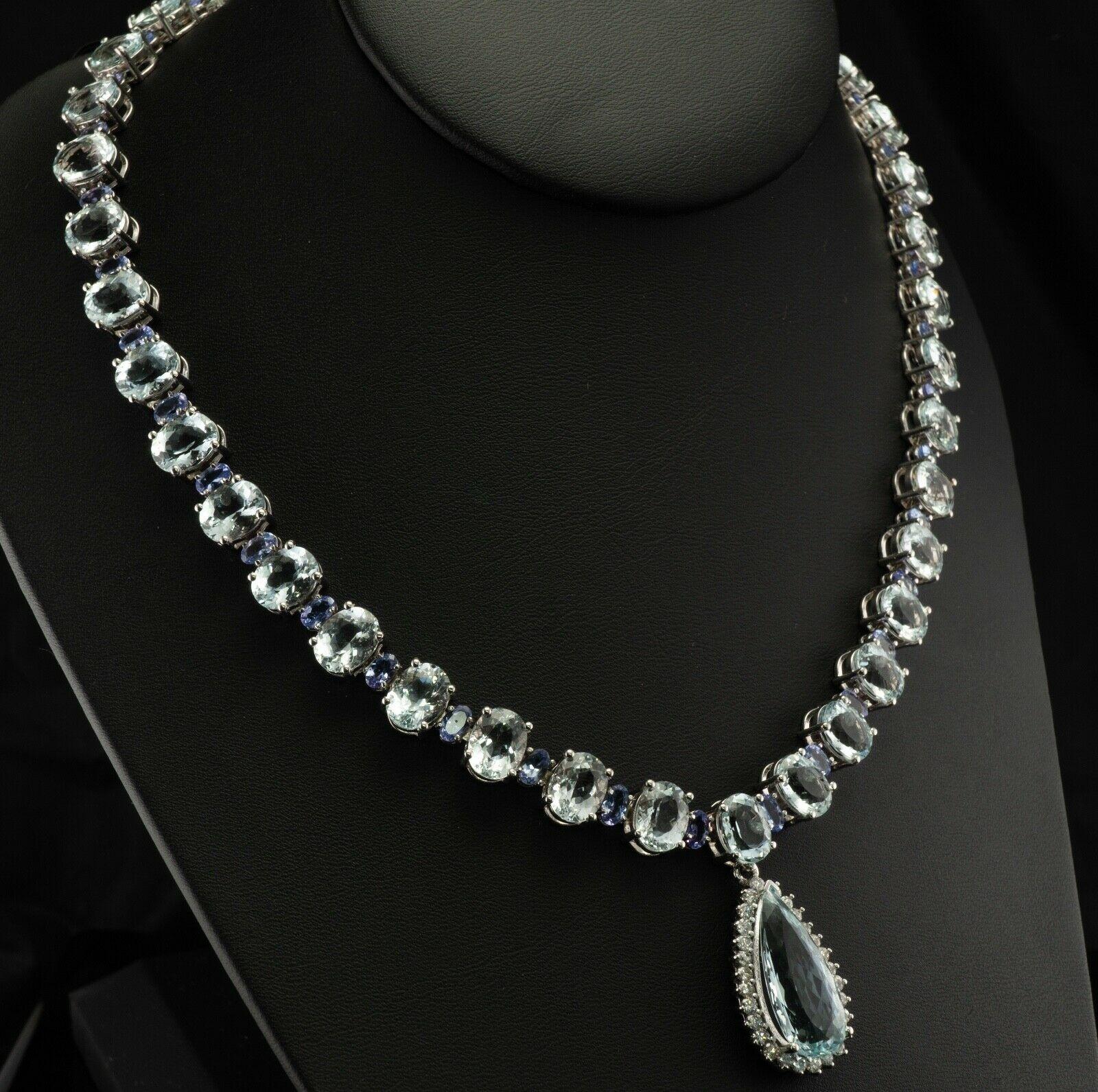 Oval Cut Tanzanite Diamond Aquamarine Necklace 14K White Gold Choker For Sale
