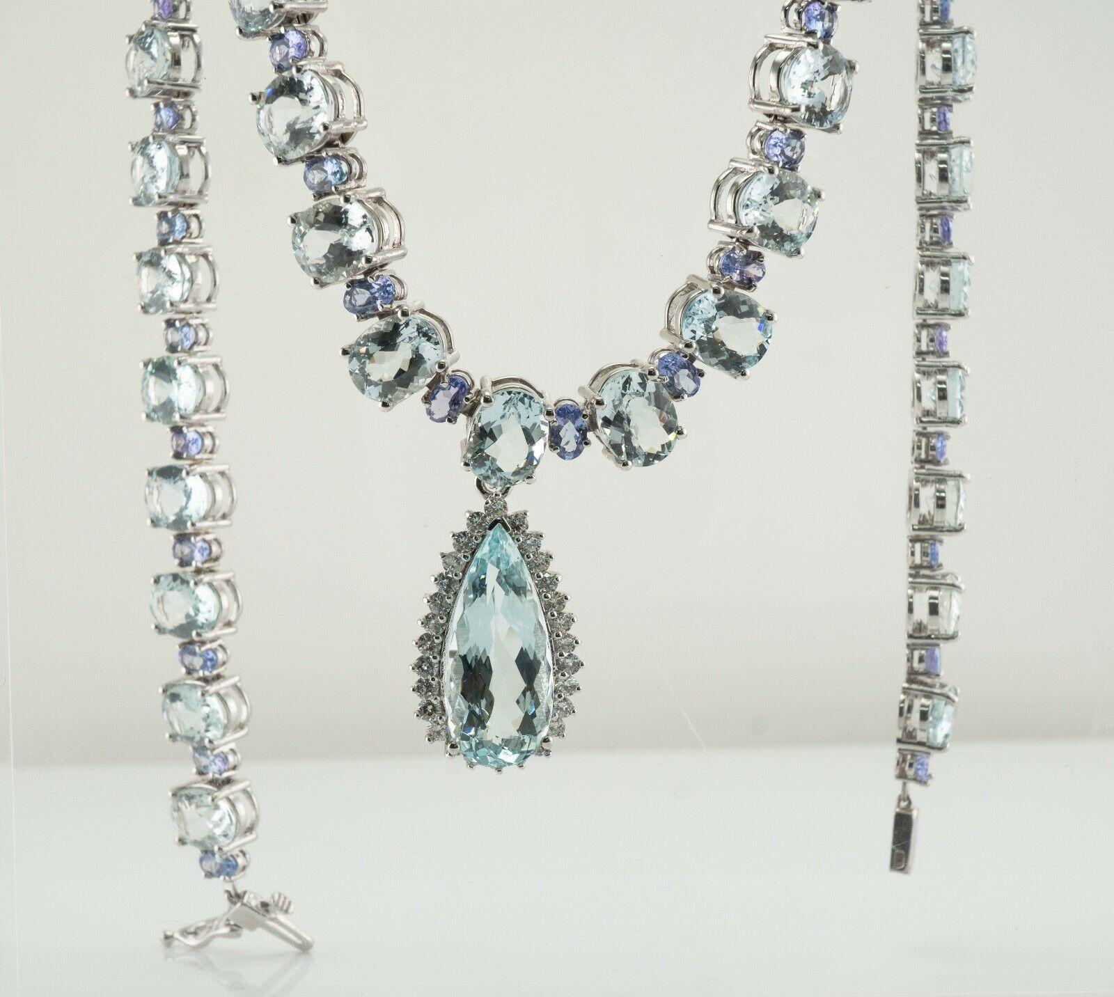 Tanzanite Diamond Aquamarine Necklace 14K White Gold Choker In Good Condition For Sale In East Brunswick, NJ