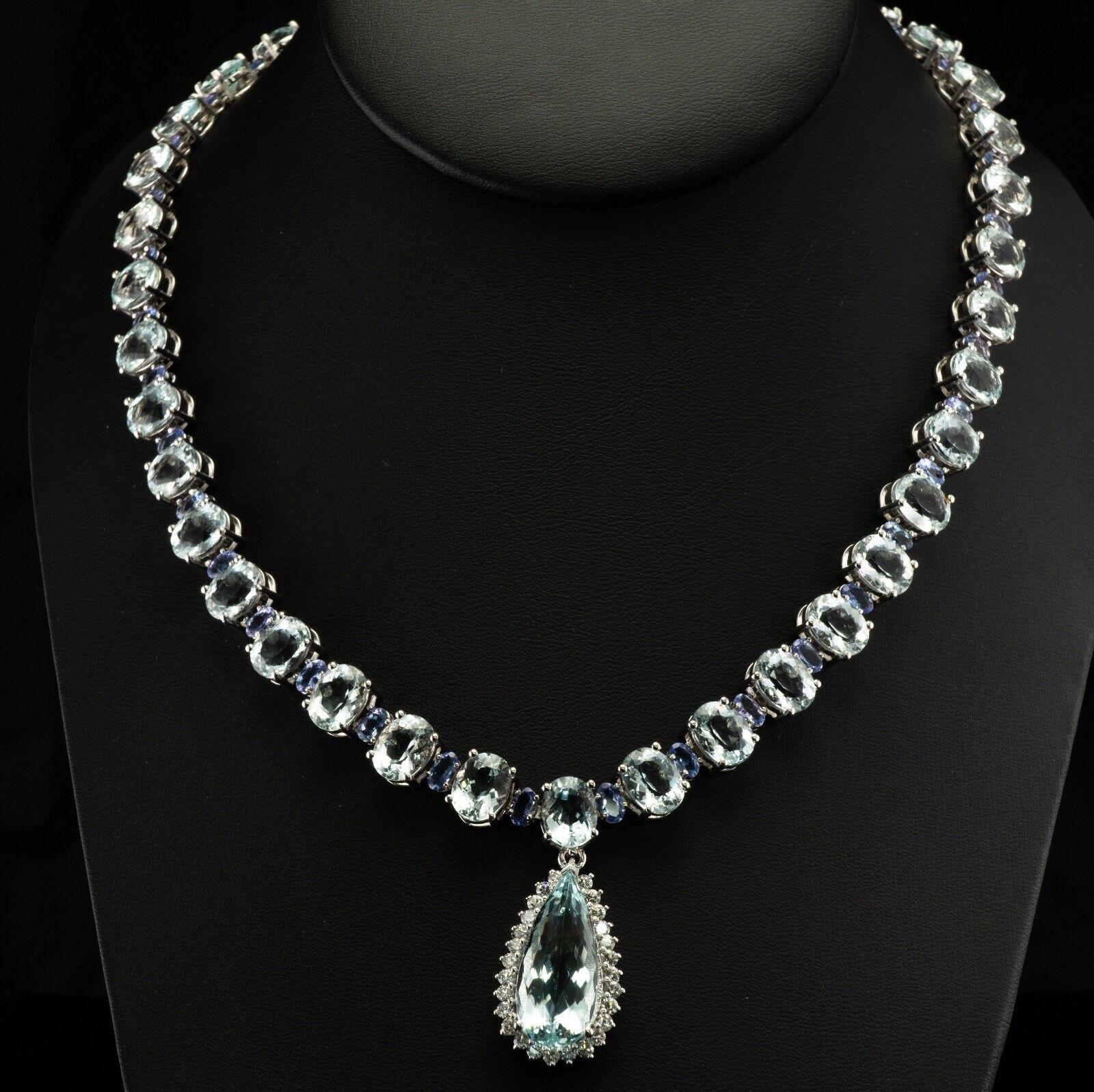Tanzanite Diamond Aquamarine Necklace 14K White Gold Choker For Sale 2
