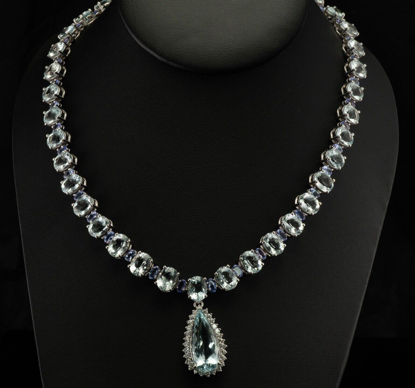 Tanzanite Diamond Aquamarine Necklace 14K White Gold Choker For Sale 4