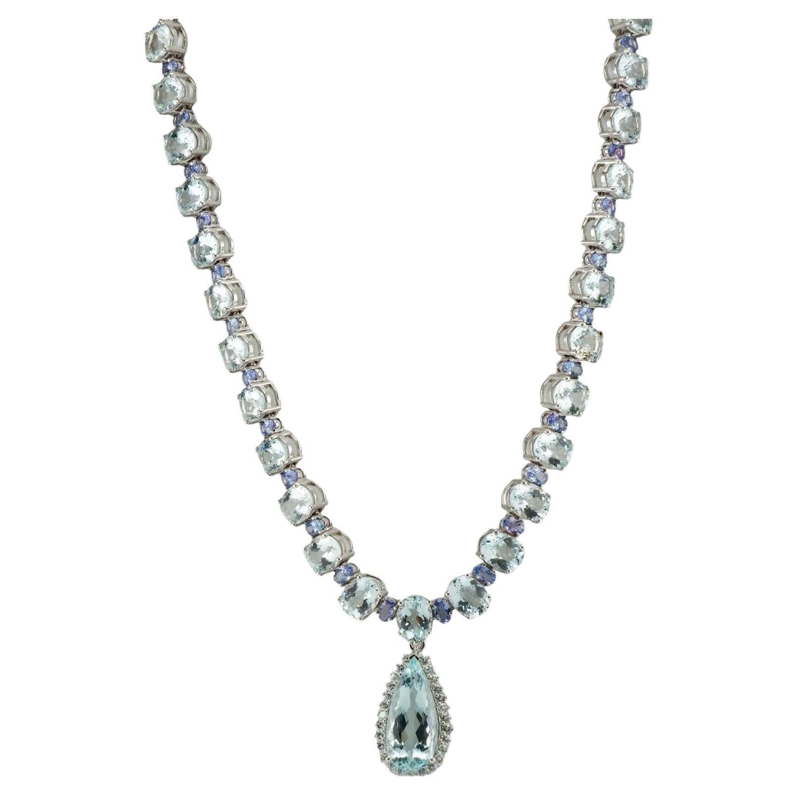 Tanzanite Diamond Aquamarine Necklace 14K White Gold Choker For Sale