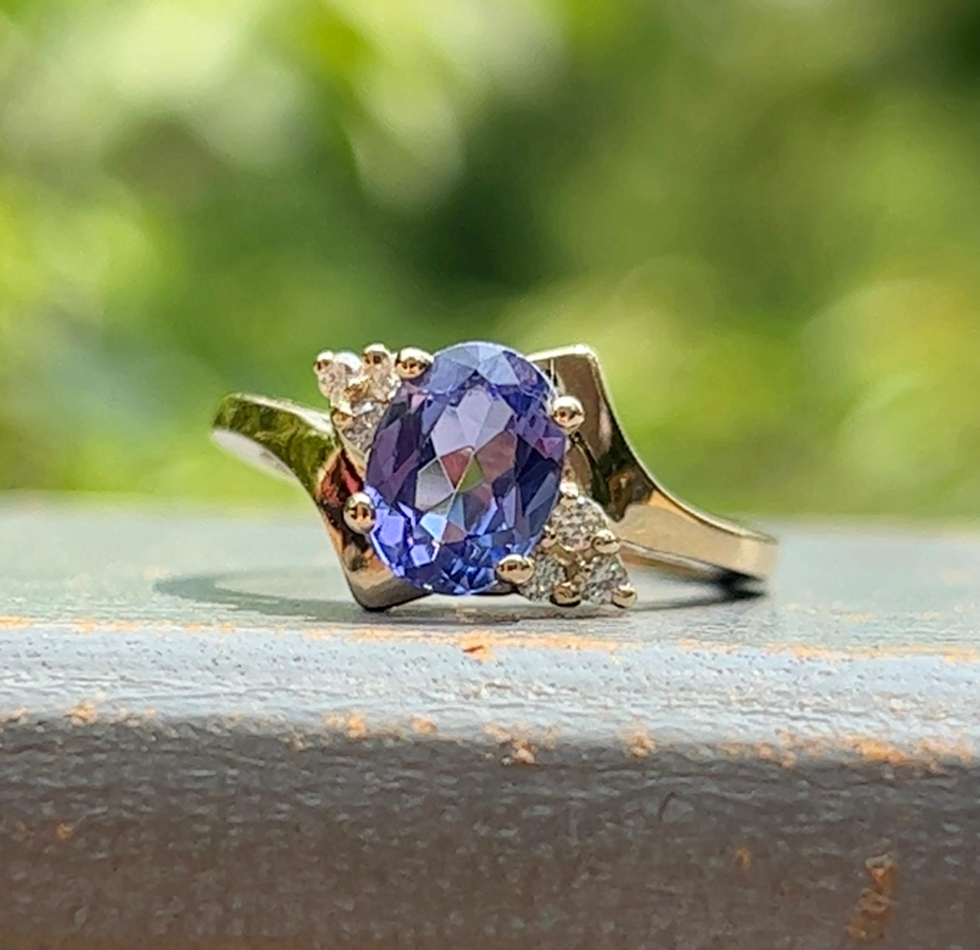 Oval Cut Tanzanite & Diamond Bypass Design Ring in 14K Yellow Gold