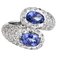 Tanzanite Diamond Bypass Ring 18 Karat White Gold Pave Set Vintage Fine Jewelry