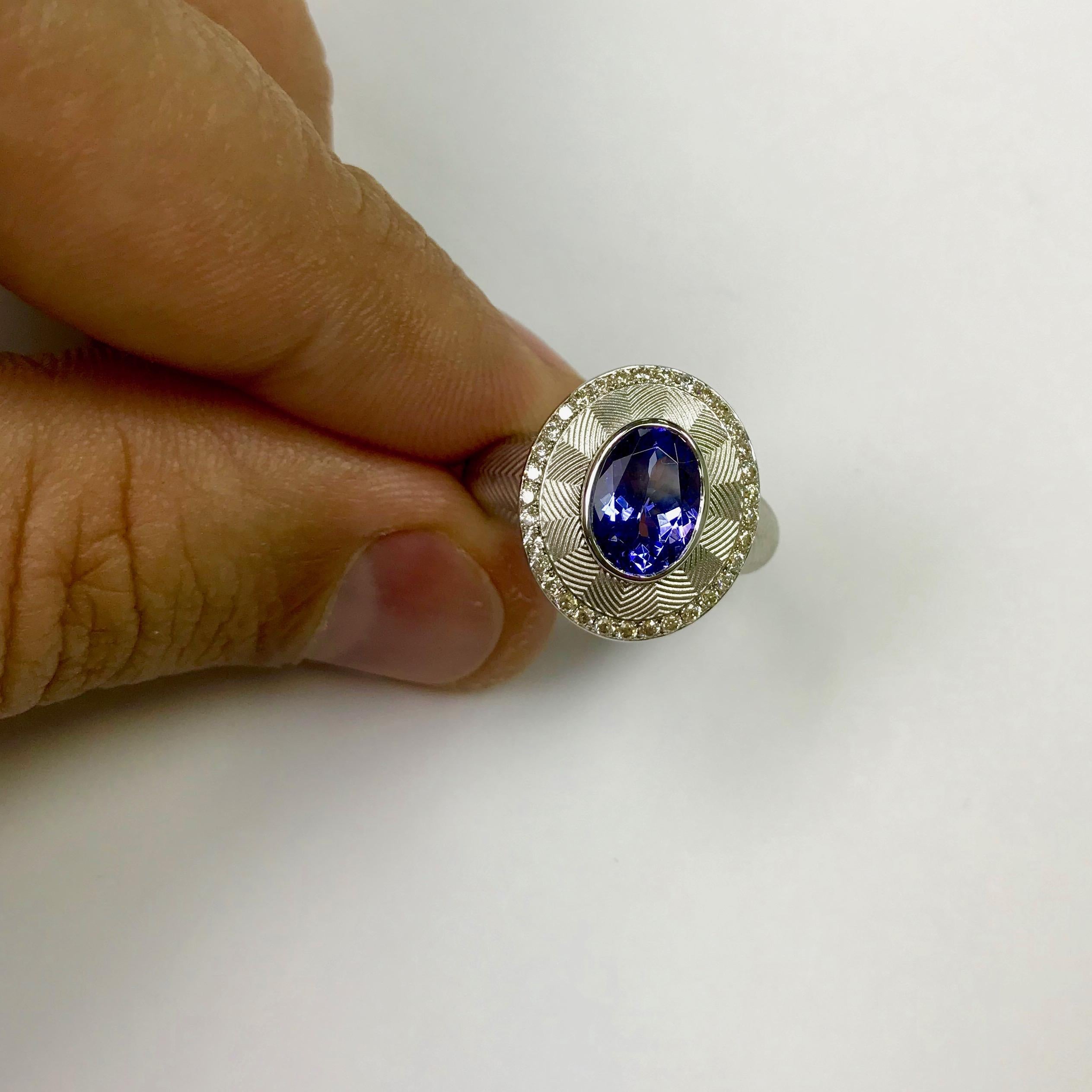 Oval Cut Tanzanite Diamond Classical 18 Karat White Gold Ring For Sale
