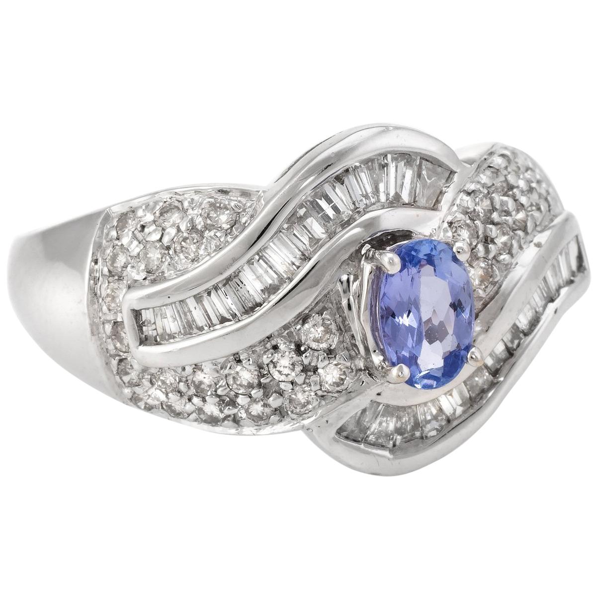 Tanzanite Diamond Cocktail Ring Estate 14 Karat White Gold Vintage Fine Jewelry