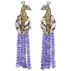 Tanzanite Diamond Craved Sapphire Peacock Earrings 18 Karat White Gold