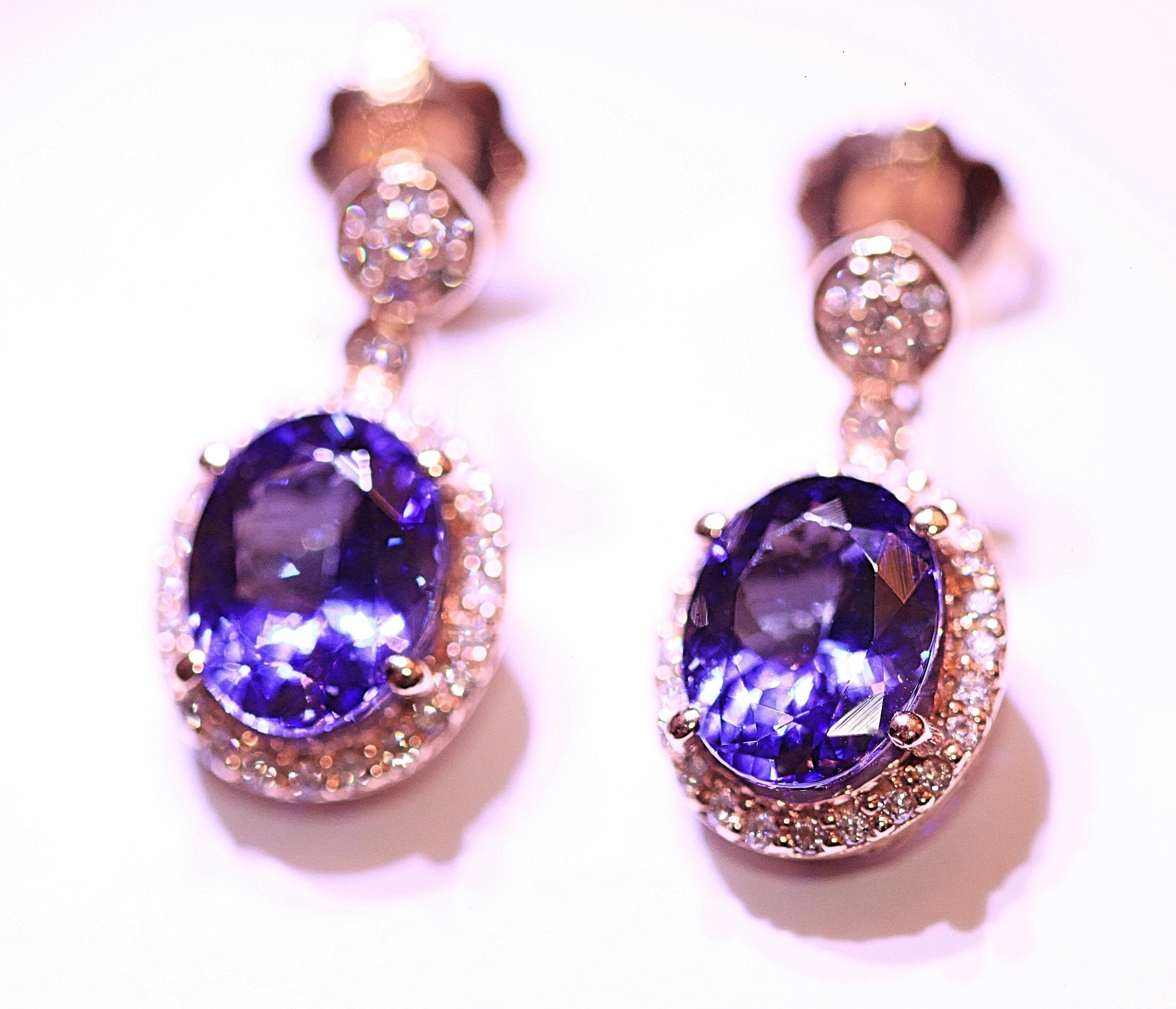 Oval Cut Tanzanite Diamond Dangle Earrings 14 Karat Rose Gold 3.40 Carat Tanzanite For Sale