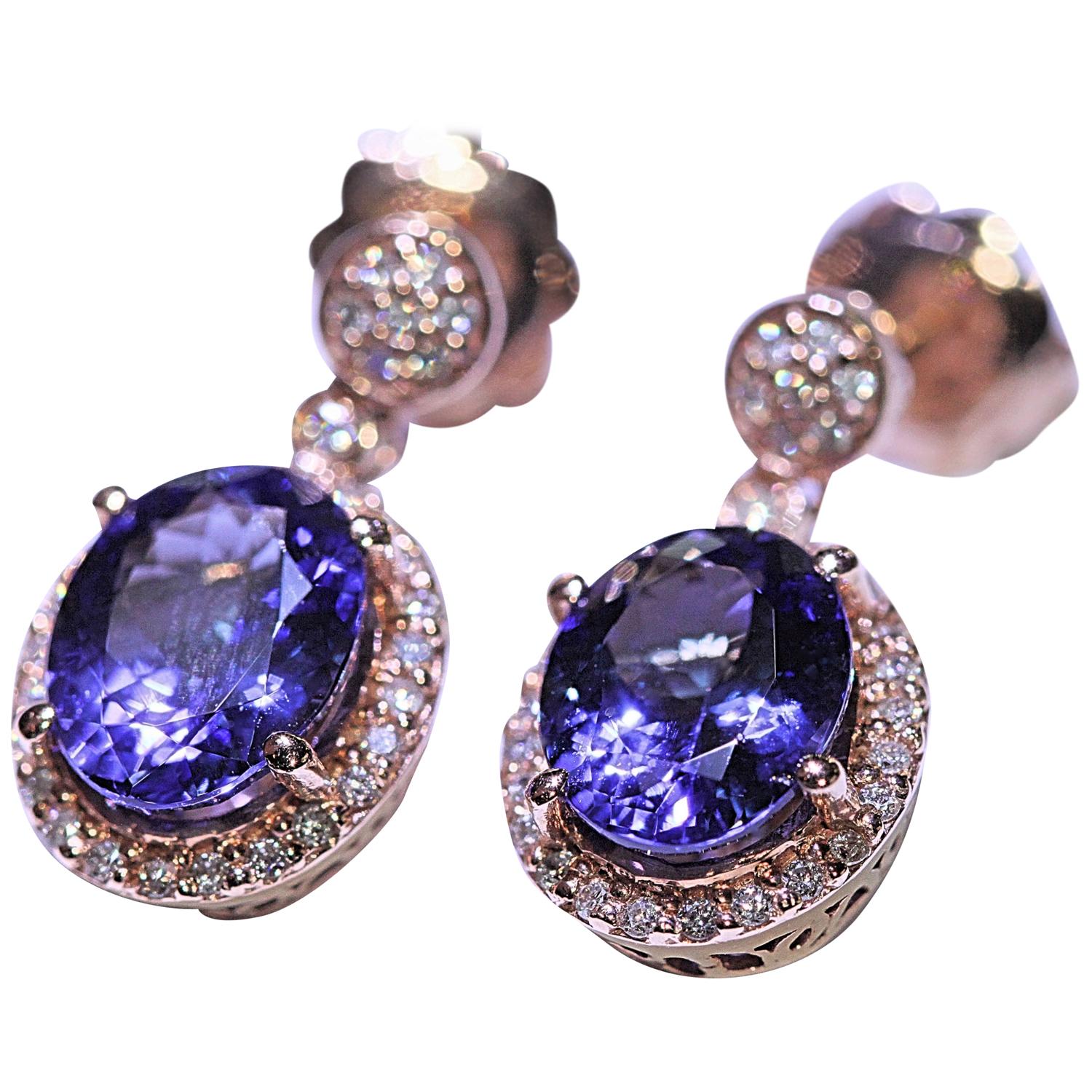 Tanzanite Diamond Dangle Earrings 14 Karat Rose Gold 3.40 Carat Tanzanite For Sale