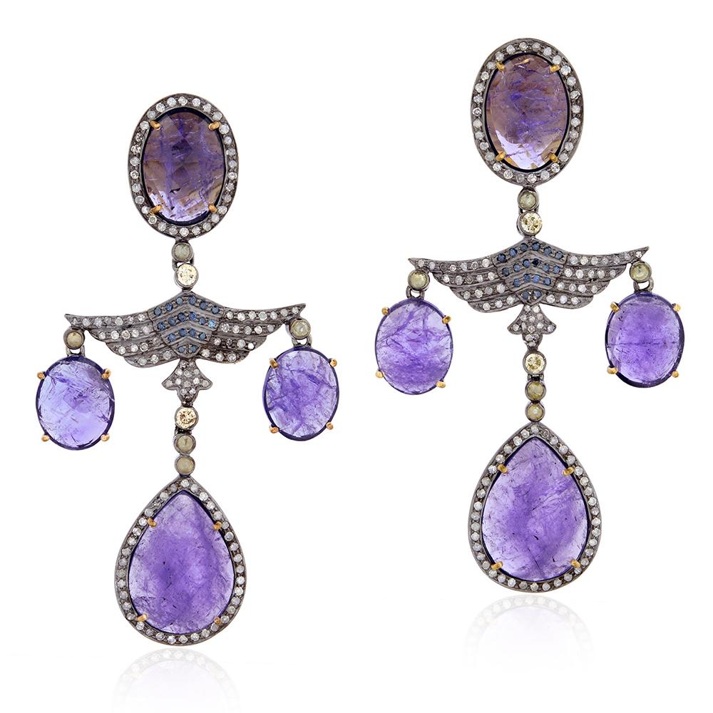 Mixed Cut Multishaped Tanzanite Dangle Earrings With Diamonds In 18k Gold & Silver  For Sale