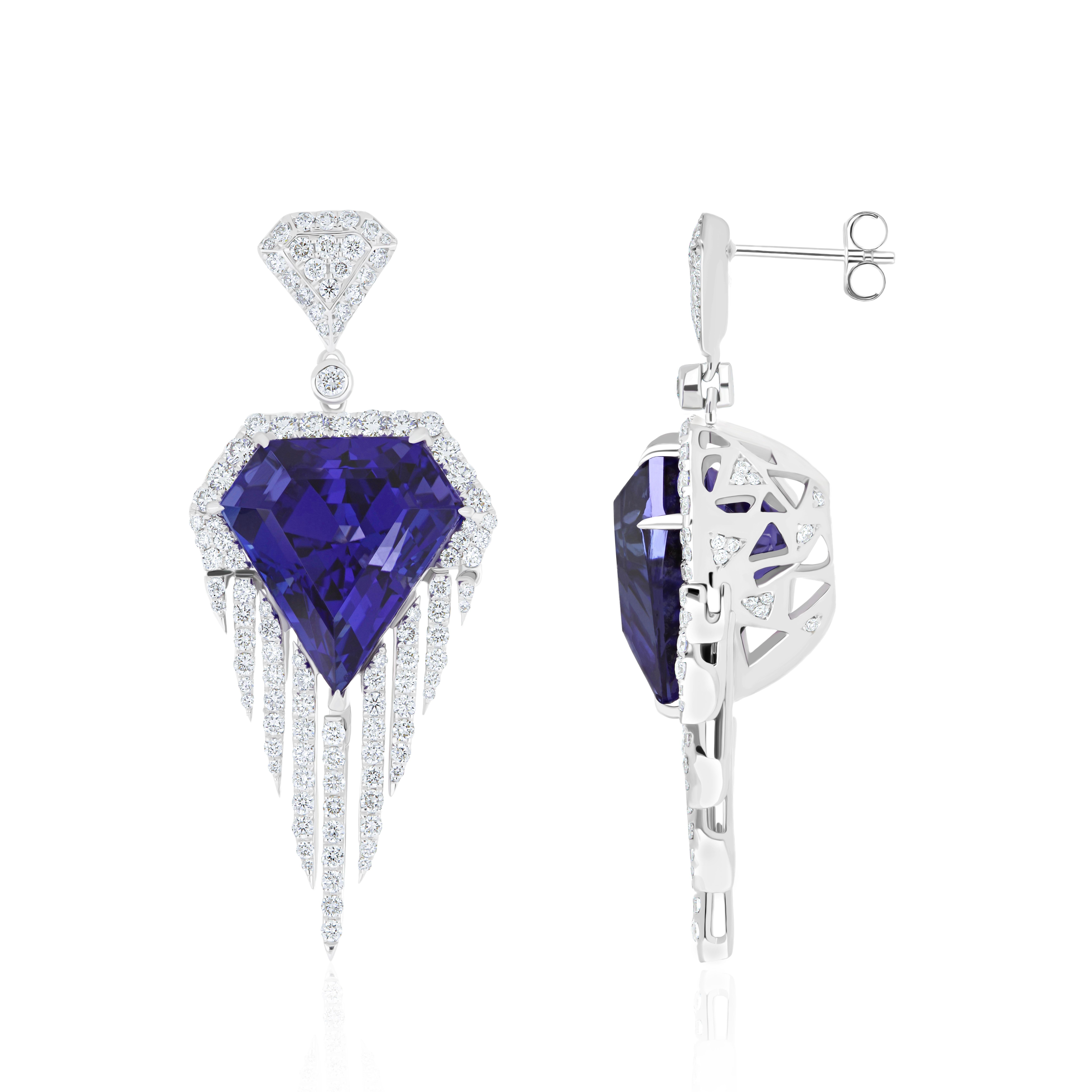 Elegant and Exquisitely detailed White Gold Earring, with 27.0 Cts (approx) Tanzanite Exquisitely cut in Unique Diamond Shape accented with micro pave Diamonds, weighing approx. 2.45 Cts (approx). total carat weight. Beautifully Hand-Crafted Earring
