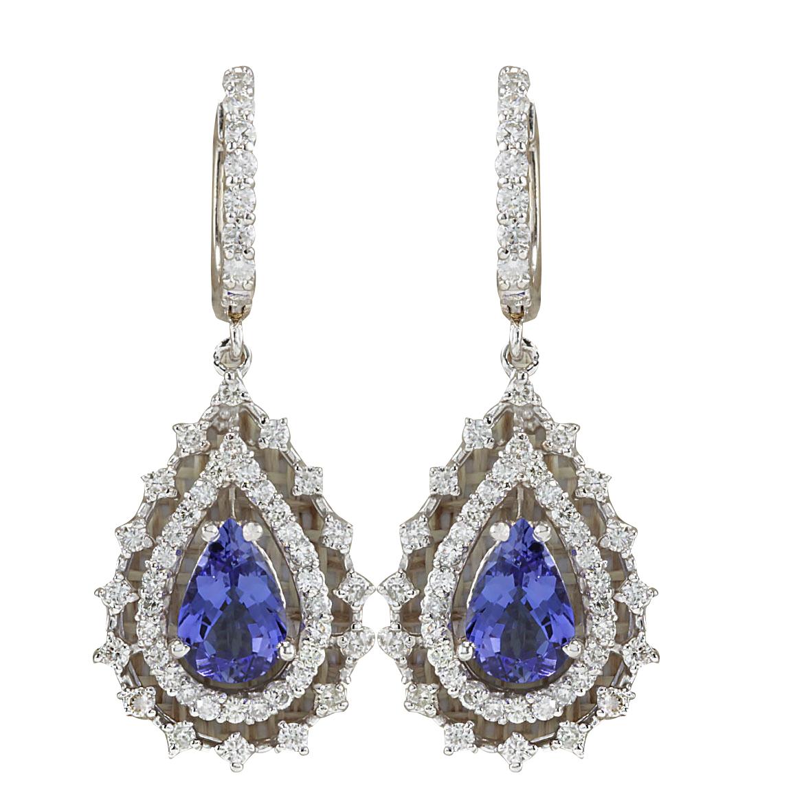 Pear Cut Tanzanite Diamond Earrings In 14 Karat White Gold  For Sale